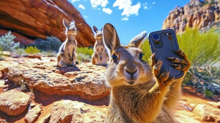 Kangaroo taking a selfie with mobile phone