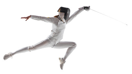 Artistry of combat. Female fencer gracefully executes complex fencing maneuver in action against...