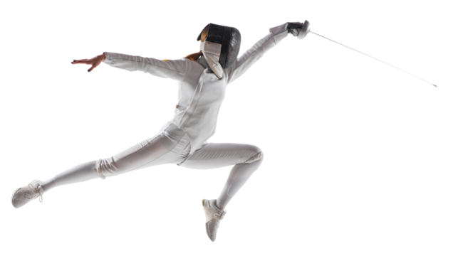 Artistry of combat. Female fencer gracefully executes complex fencing maneuver in action against transparent background. Concept of professional, sport active lifestyle, fitness, motion, strength. - Powered by Adobe
