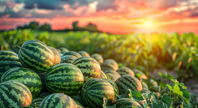 A pile of watermelons on the field at sunset.