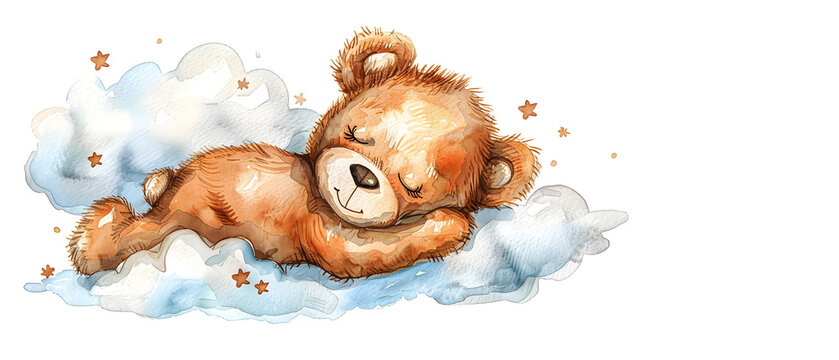 A bear cub on a cloud, painted in watercolor on a white background.