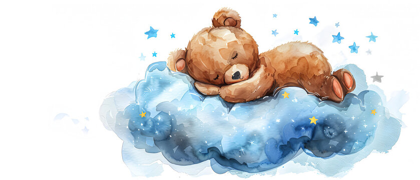 A bear cub on a cloud, painted in watercolor on a white background.