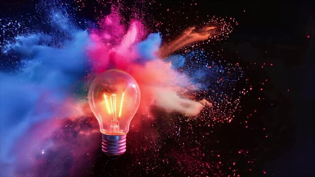 Light bulb explodes with colorful powder on a black background with copy space