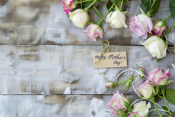 Elegant pink and white roses with a 'Happy Mother's Day' tag on a rustic wooden background. Copy space for text