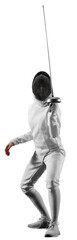Swordswoman, professional female fencer's poised stance, against transparent background. Intensity...