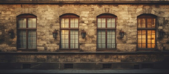 Vintage building with windows on a wall - obrazy, fototapety, plakaty
