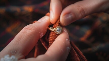 Jeweller cleaning jewelry diamond ring with fabric cloth