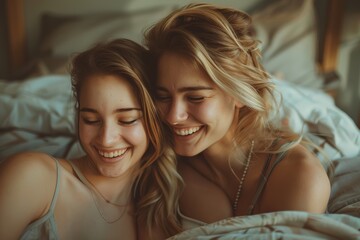 Closeup mother and daughter face tenderly embracing bonding relationship, Mother's day lifestyle concept, parenthood stay at home spend free time on bed in lazy day, mom and child looking camera
