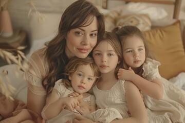 Closeup mother and daughter face tenderly embracing bonding relationship, Mother's day lifestyle concept, parenthood stay at home spend free time on bed in lazy day, mom and child looking camera