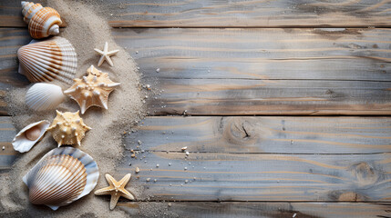 Fototapeta na wymiar Summer Beach Theme Flat Lay with Shell and Sand on Wooden Background 