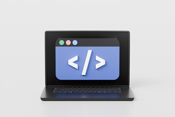 3D Computer laptop pc and programing code development popup icon. Web coding concept. Website programming engineering language. Cartoon creative design icon isolated on white background. 3D Rendering.