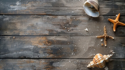 Nautical Summer Flat Lay Photo with Seashells and Sand on Wood
