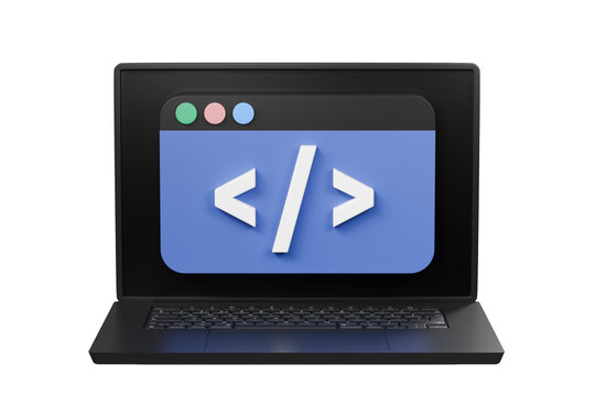 3D Computer laptop pc and programing code development popup icon. Web coding concept. Website programming engineering language. Cartoon creative design icon isolated on white background. 3D Rendering.