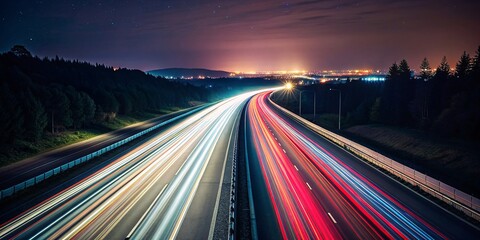 highway with car light trails at night. long exposure photo. - obrazy, fototapety, plakaty