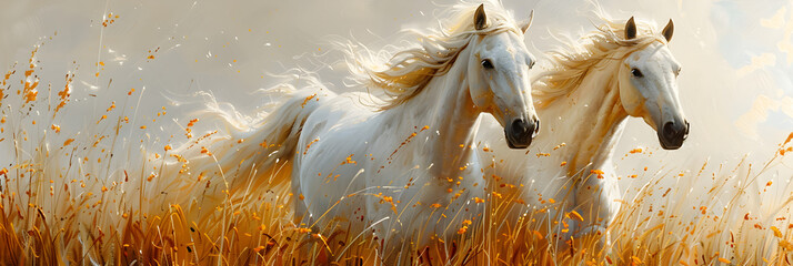 Illustration of Three White Horses with Flowing Manes,
Majestic horse galloping through a field wallpaper for the phone

