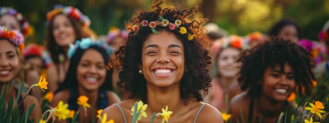 Group of diverse, happy women wearing floral crowns, enjoying a summer festival - obrazy, fototapety, plakaty