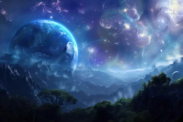 Samtvorhänge Vollmond und Bäume Breathtaking Space Scenery, Beautiful Universe, Generative AI