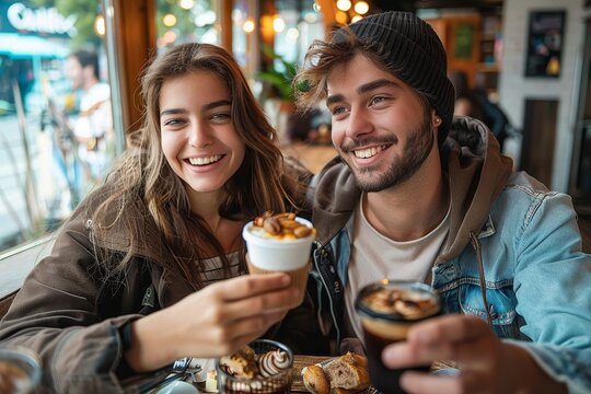 Cheerful friends sharing coffee and sweets at a local café