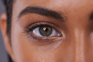 Woman, eyes and eyeshadow beauty as closeup for makeup for cosmetics skincare or dermatology,...