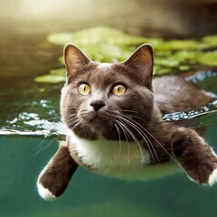 수영하는 고양이 - obrazy, fototapety, plakaty