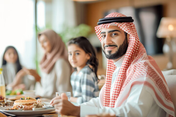 Arab family at home, modern parenting, parents and children, happy household.