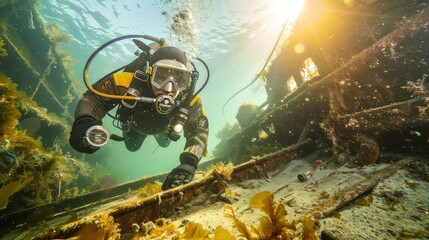 A diver examines a sunken ship. Searching for treasures at the bottom of the sea. Tour to the sunken ship. - obrazy, fototapety, plakaty