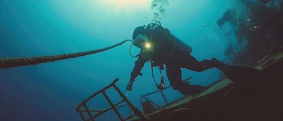 A diver examines a sunken ship. Searching for treasures at the bottom of the sea. Tour to the sunken ship. - obrazy, fototapety, plakaty