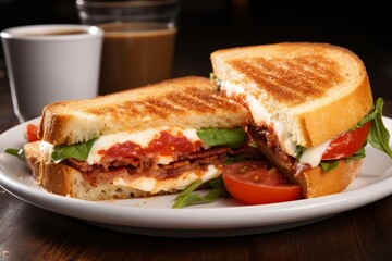 Toasted tomato sandwich on white plate in modern restaurant, breakfast menu, free copy space