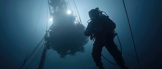 A diver inspects an underwater gas pipeline. A diver works underwater. Survey of underwater infrastructure.