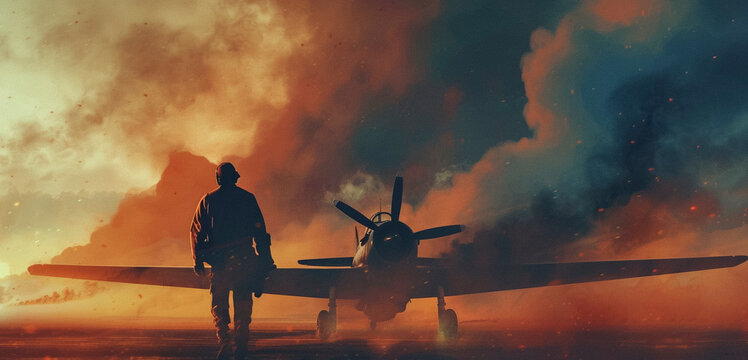 WWII Airplane Under Attack: Airport Scene with Smoke and Fire