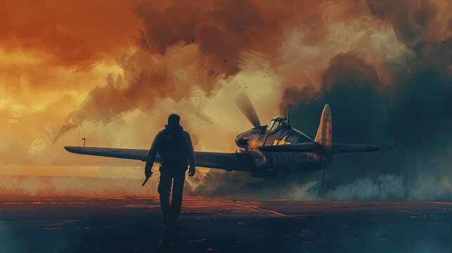 WWII Airplane Under Attack: Airport Scene with Smoke and Fire