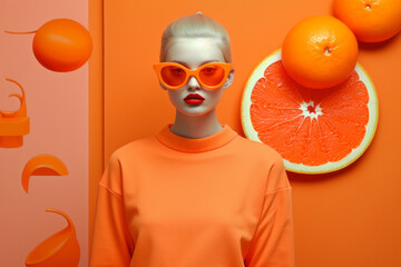 Pretty teenage girl in stylish sunglasses on bright orange background. Beauty and fashion concept.
