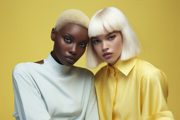 Portrait of two beautiful girls in stylish outfits on pastel yellow background. Beauty and fashion concept