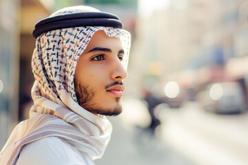 Portrait of a UAE man in the city, metropolitan backdrop, cultural heritage, modernity.
