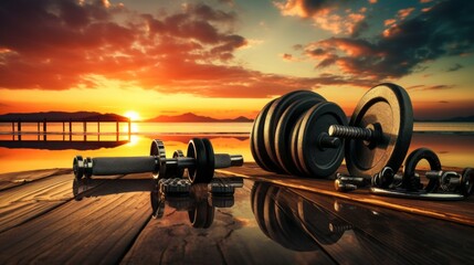 Dumbbells, Barbells, Sports equipment on the waterfront at sunset. Sports, Fitness, Crossfit, Energy, Workouts, Healthy lifestyle concepts. - obrazy, fototapety, plakaty