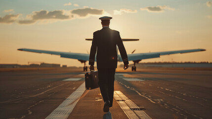 Pilot with Suitcase Walking Away from Plane, Sunset Departure