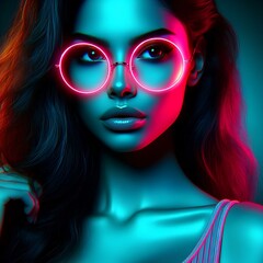 Obraz premium Girl wear Neon glasses in dark background, stylish fashion girl model