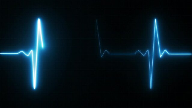Heart beat pulse. Glowing neon blue heart cardiogram line on dark background. Electrocardiogram show heart beat line. cardiogram, Heart pulse. Motion graphic