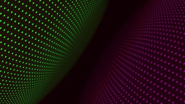 Abstract dot wavy lines looping in green, pink and orange on dark background. Hi-tech and futuristic background.