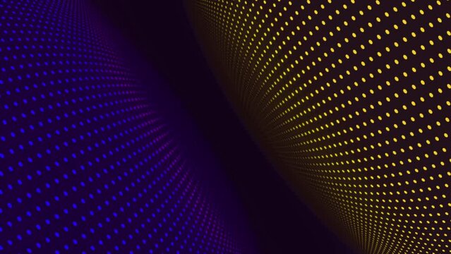 Abstract dot wavy lines looping in yellow, vilolet and purple on dark background. Hi-tech and futuristic background.