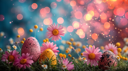 Obraz na płótnie Canvas Happy Easter Day poster design, celebrating Easter Day, morning with eggs and flowers, Easter poster background.