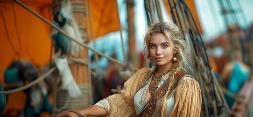 Portrait pirate princess standing from the crow's nest of her ship.