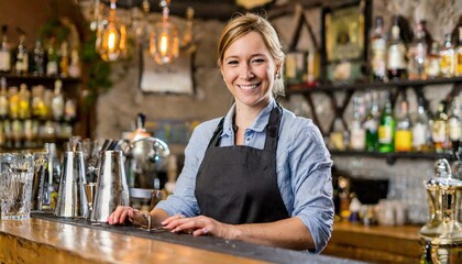 A female bartender working at his bar and smiling, barwoman at her job