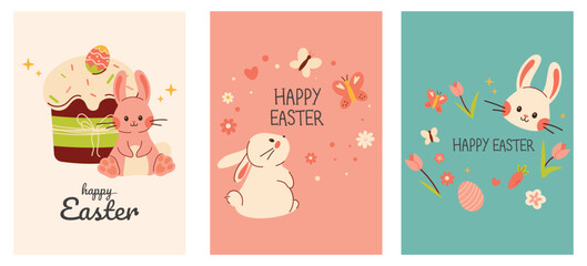 Fototapeta na wymiar Happy easter card. Set of easter cards. Collection of holiday icons. Spring collection of animals, flowers and decorations. For poster, card, scrapbooking , stickers. Cartoon flat vector illustration