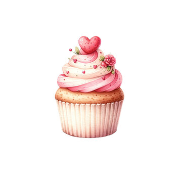 A cupcake with pink frosting and a heart on top