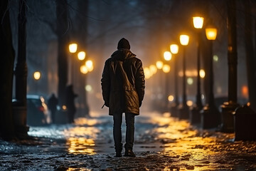 Rear view of one man on a dark street. Generated by artificial intelligence