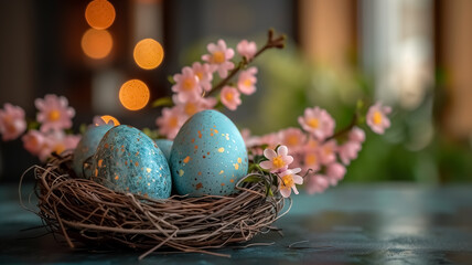 Obraz premium Happy Easter Day poster design, celebrating Easter Day, morning with eggs and flowers, Easter poster background.