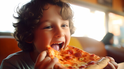 A child biting into a delicious and cheesy slice of pepperoni pizza,
