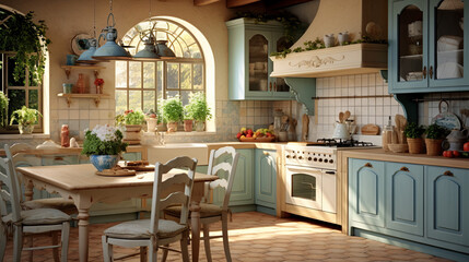 Traditional wooden kitchen in Provence style. 3D rendering of design concept