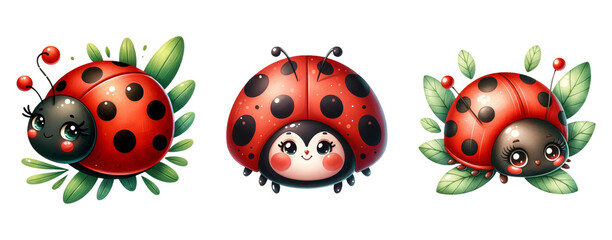 Cute Ladybug set. Playful Ladybug Clipart, Watercolor Insect, Sleepy Ladybugs. 